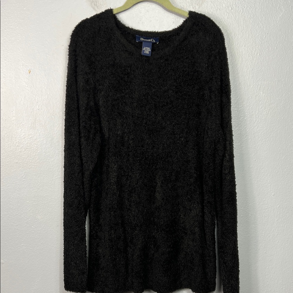 Denim & Co Black Textured Cozy Long Sleeve Pullover Tunic Top Large